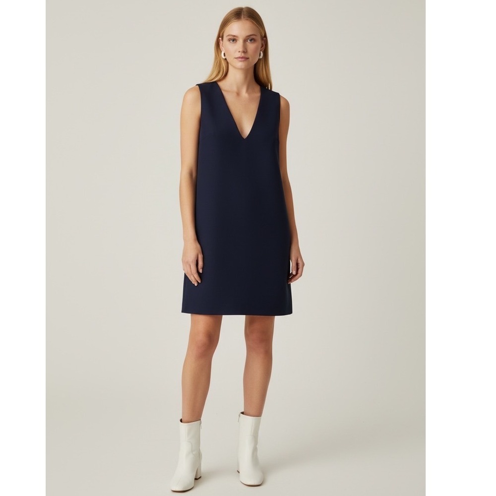 Vintage Sears Navy Blue Deep V-Neck Sleeveless Shift Dress Jumper Mod Size S